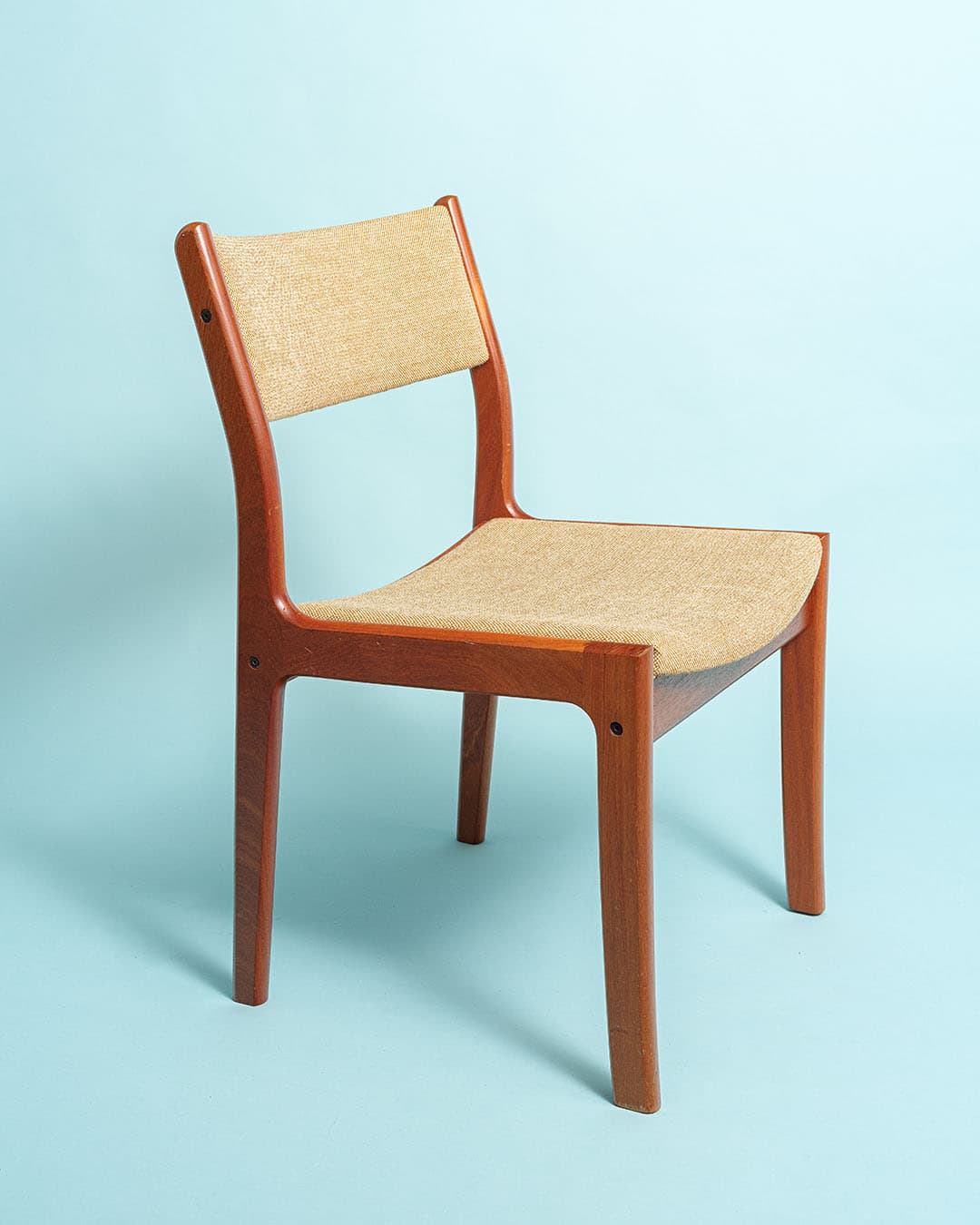 Chair, brown teak, beige fabric, Denmark, 1980s. - 170980