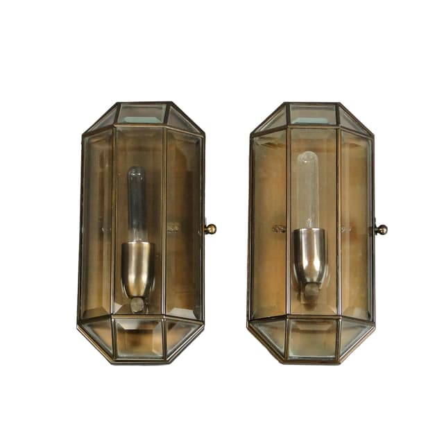 Para kinkietów, Secesja Wiedeńska, szkło brązowy ciemny, mosiądz, Austria, lata 80. - WYMIARY