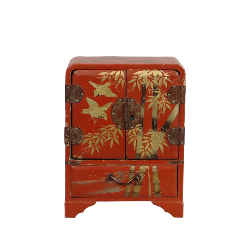 Jewelry cabinet, red lacquered wood, Japan, 1930s.