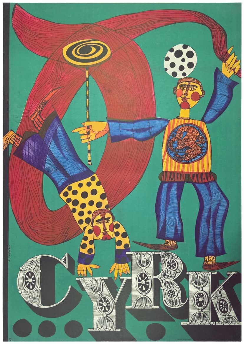 Cyrk dwaj clowni na napisie cyrk (Oryginalny plakat cyrkowy), aut. M. Stachurski, 1964