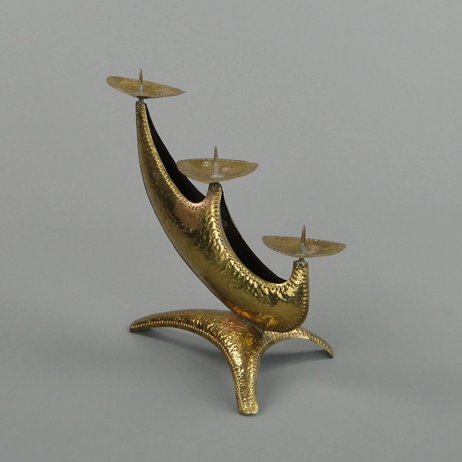 Świecznik trójramienny New Look, mosiądz złoty, Polska, lata 60. - 11242