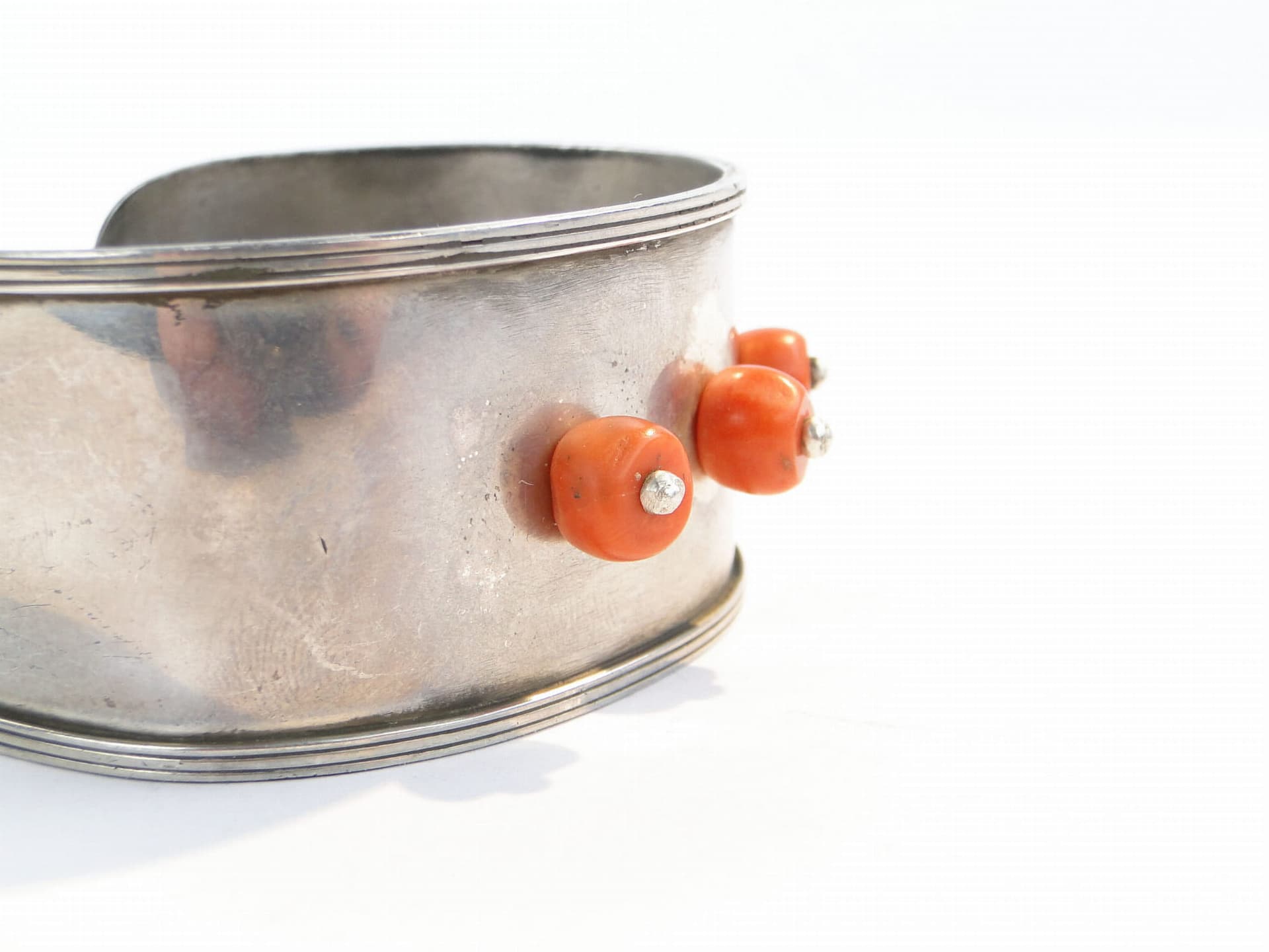 Cuff bracelet, orange coral, silver, by A. Folfas, Poland, 1980s. - 171610