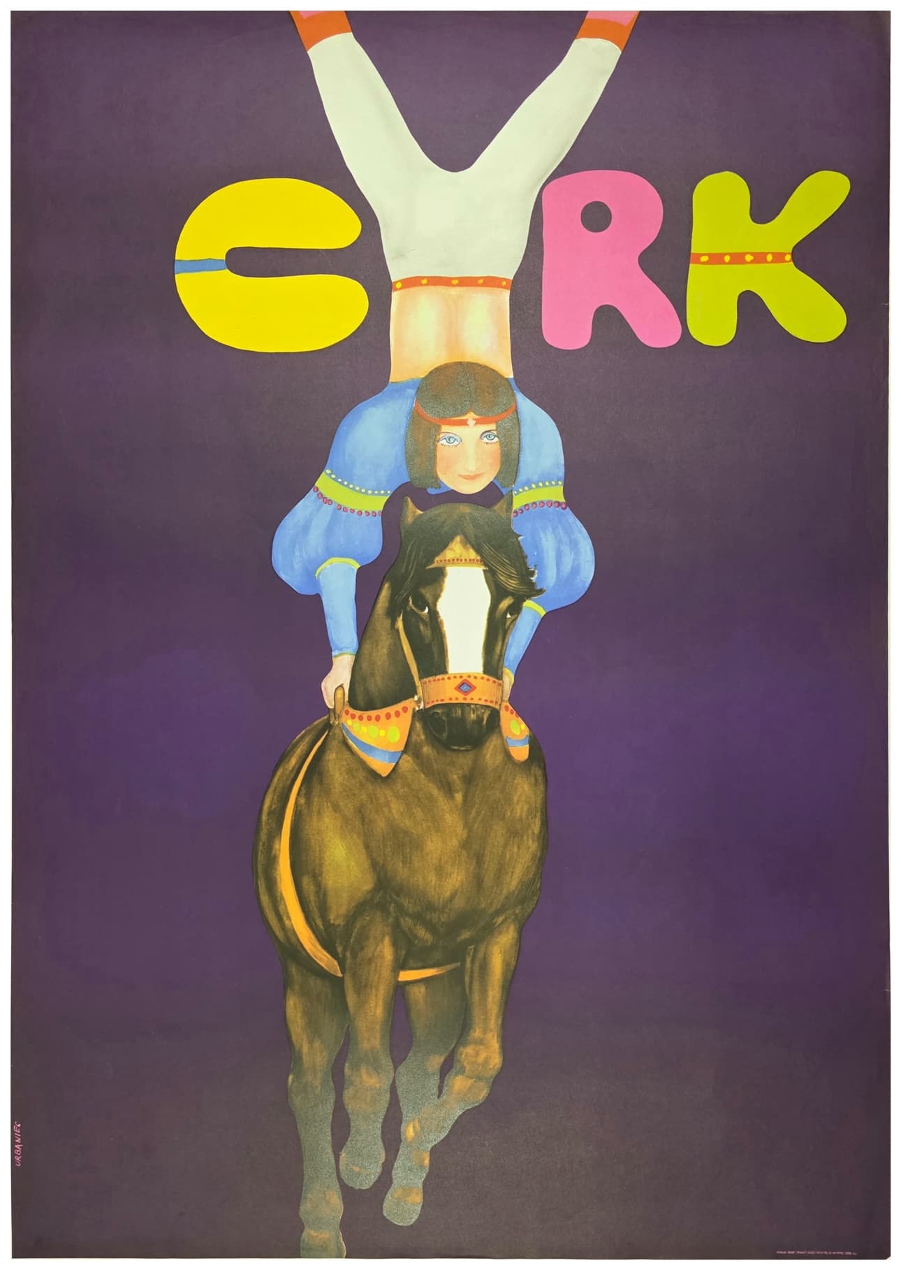 Cyrk kobieta na koniu fioletowe tło (Oryginalny plakat cyrkowy), aut. M. Urbaniec, 1970