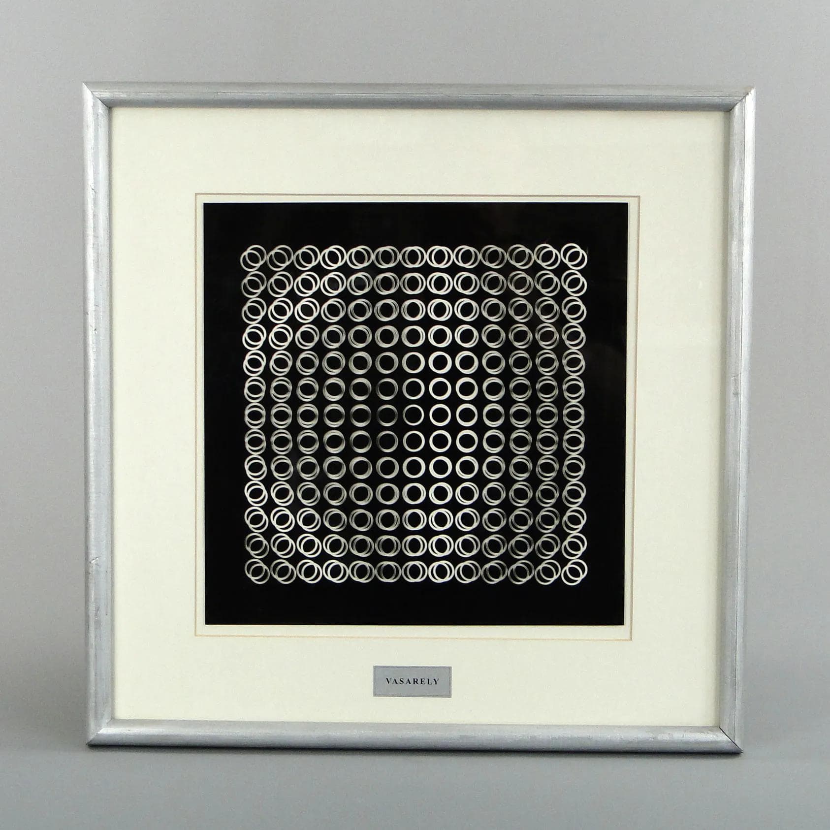 Op art print, grey, glass, by V. Vasarely, France, 1970s. - 11409