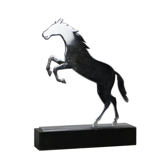 Figura konia Art Deco, srebrny mosiądz chromowany, stal patynowana, drewno czarne, proj. K. Hagenauer, Austria, lata 20. - WYMIARY