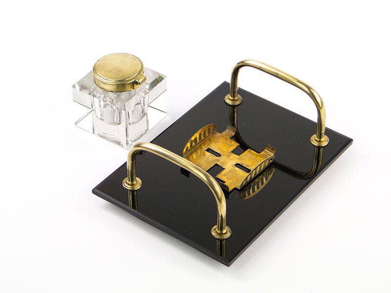 Desk inkwell Art Deco, black, glass, brass, Poland, 1920s - 173768