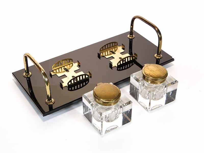 Desk inkwell set Art Deco, crystal glass black, brass, Poland, 1920s. - 173796