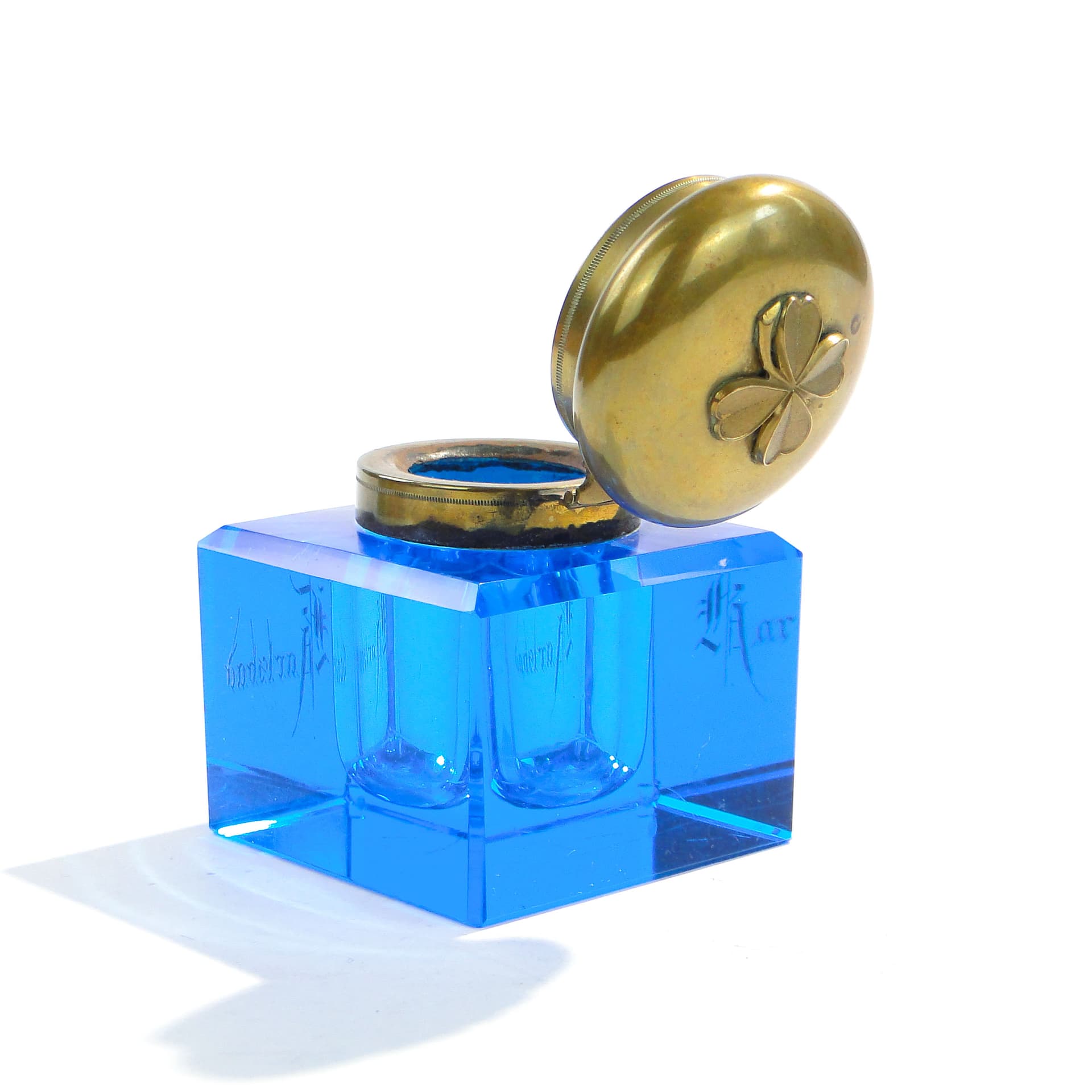 Kałamarz Biedermeier, lazurowy, szkło kryształowe, Austria, XIX wiek - 173834