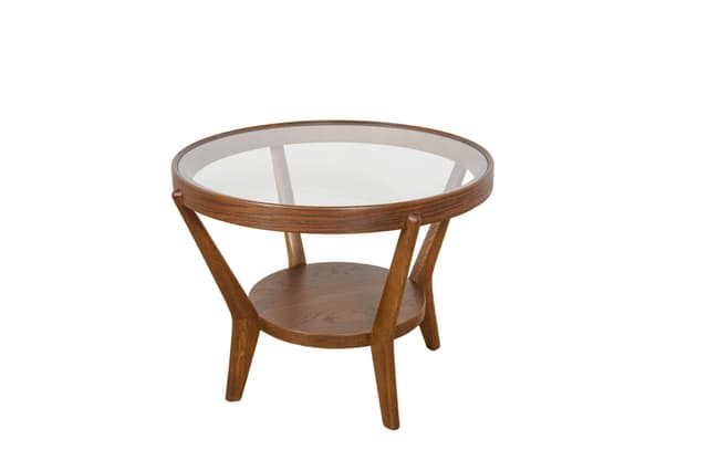 Stolik kawowy okrągły, dąb ciemny, szkło, proj. K. Koželka i A. Kropáček, Interier Praha, Czechosłowacja, lata 40. - WYMIARY