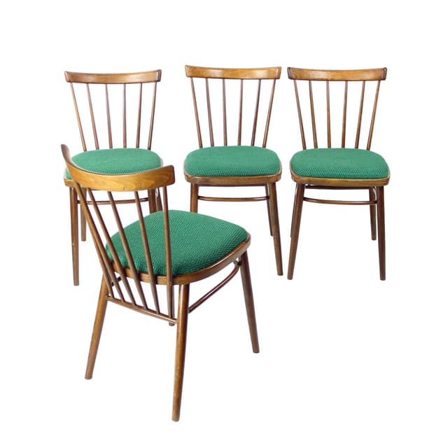 Zestaw czterech krzeseł jadalnianych, dąb ciemny, tkanina zielona, Tatra Nabytok, Czechosłowacja, lata 60. - WYMIARY