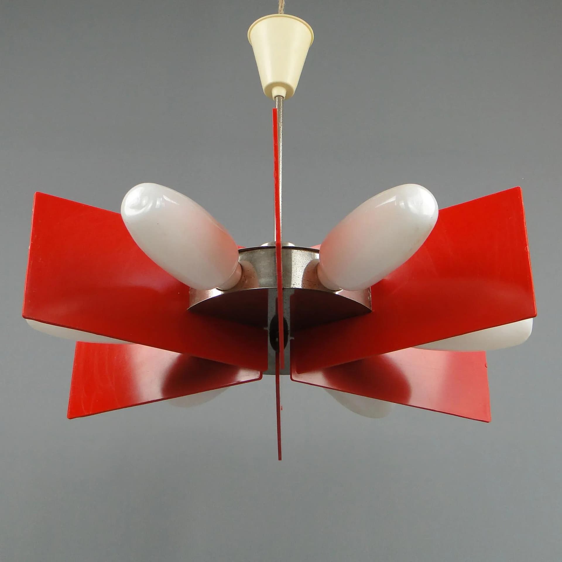 Chandelier Space Age, red metal, E.S.I. Nowa Huta, Poland, 1960s - 11634