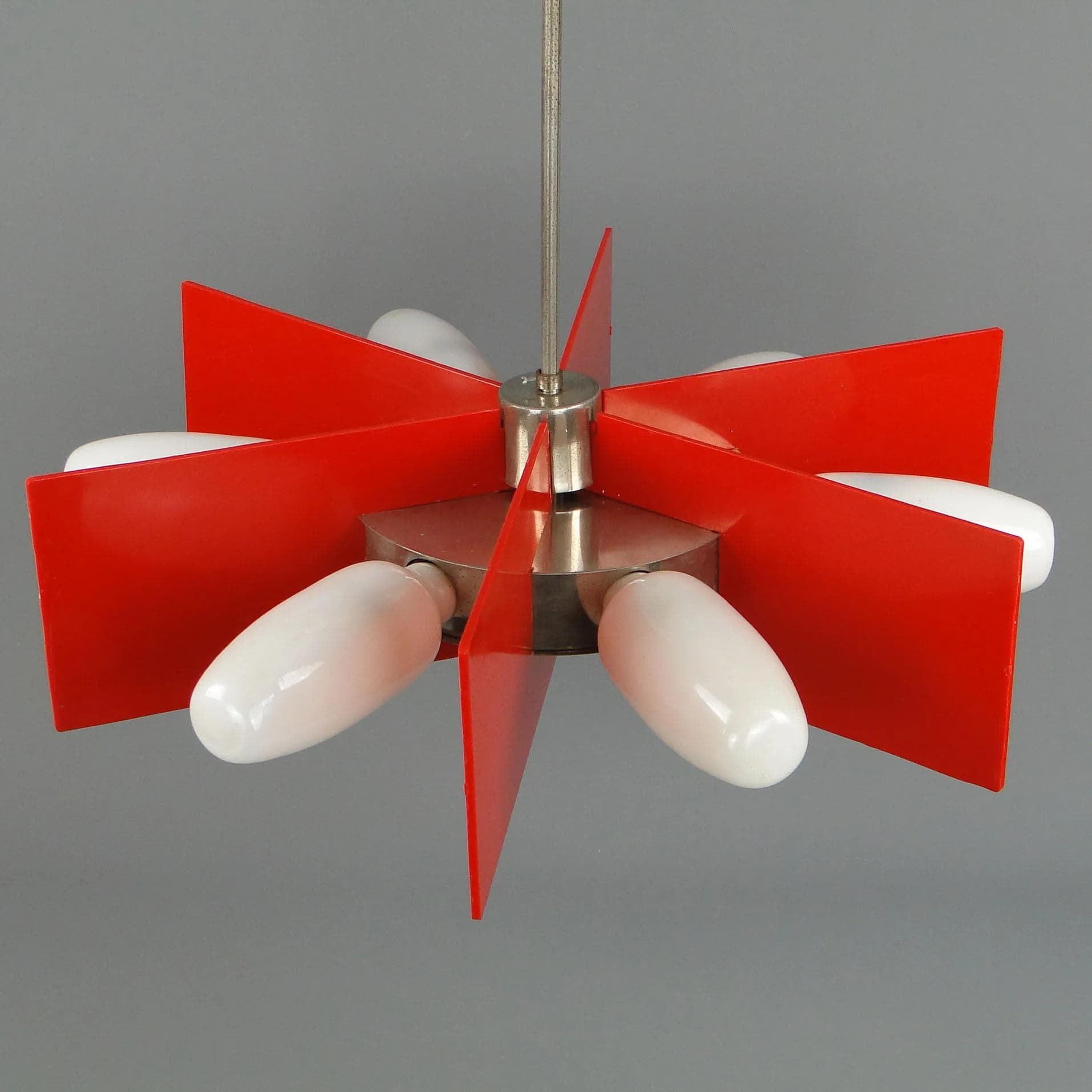 Chandelier Space Age, red metal, E.S.I. Nowa Huta, Poland, 1960s - 11635