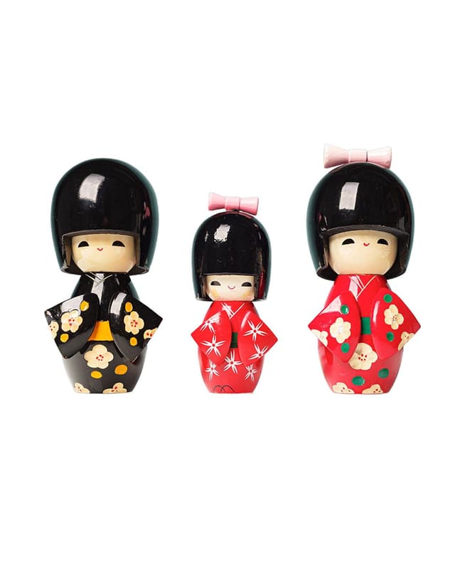 Zestaw trzech lalek Kokeshi, multikolor, drewno, Japonia, lata 60. - WYMIARY