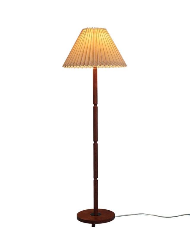 Lampa podłogowa, teak brązowy, tkanina kremowa, Dania, lata 70. - WYMIARY