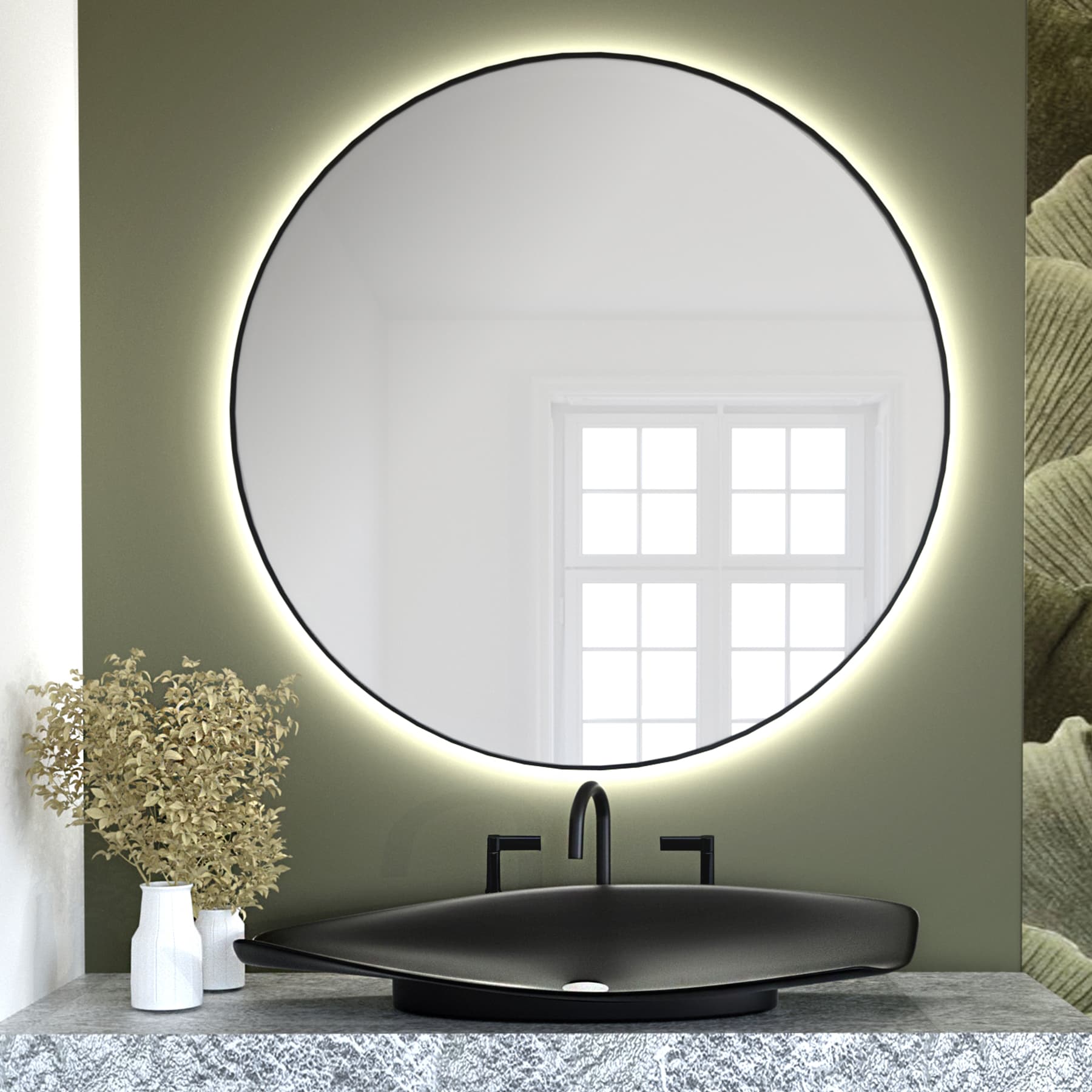 Round Mirror Bright, 50 cm, glass, black frame, Poland - 174734