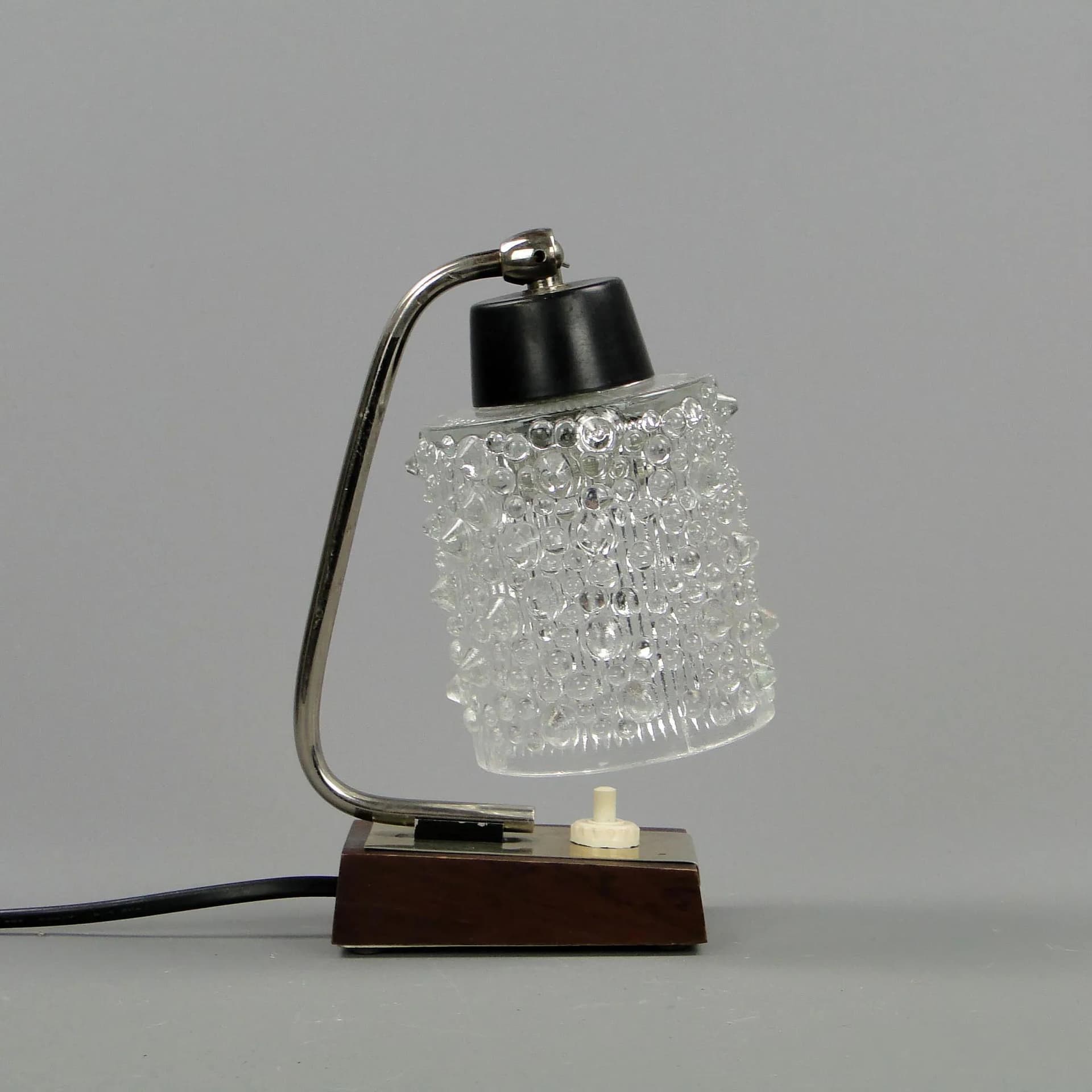 Lampa stołowa, stal chromowana srebrna, mahoń, szkło, Niemcy, lata 60. - 11948