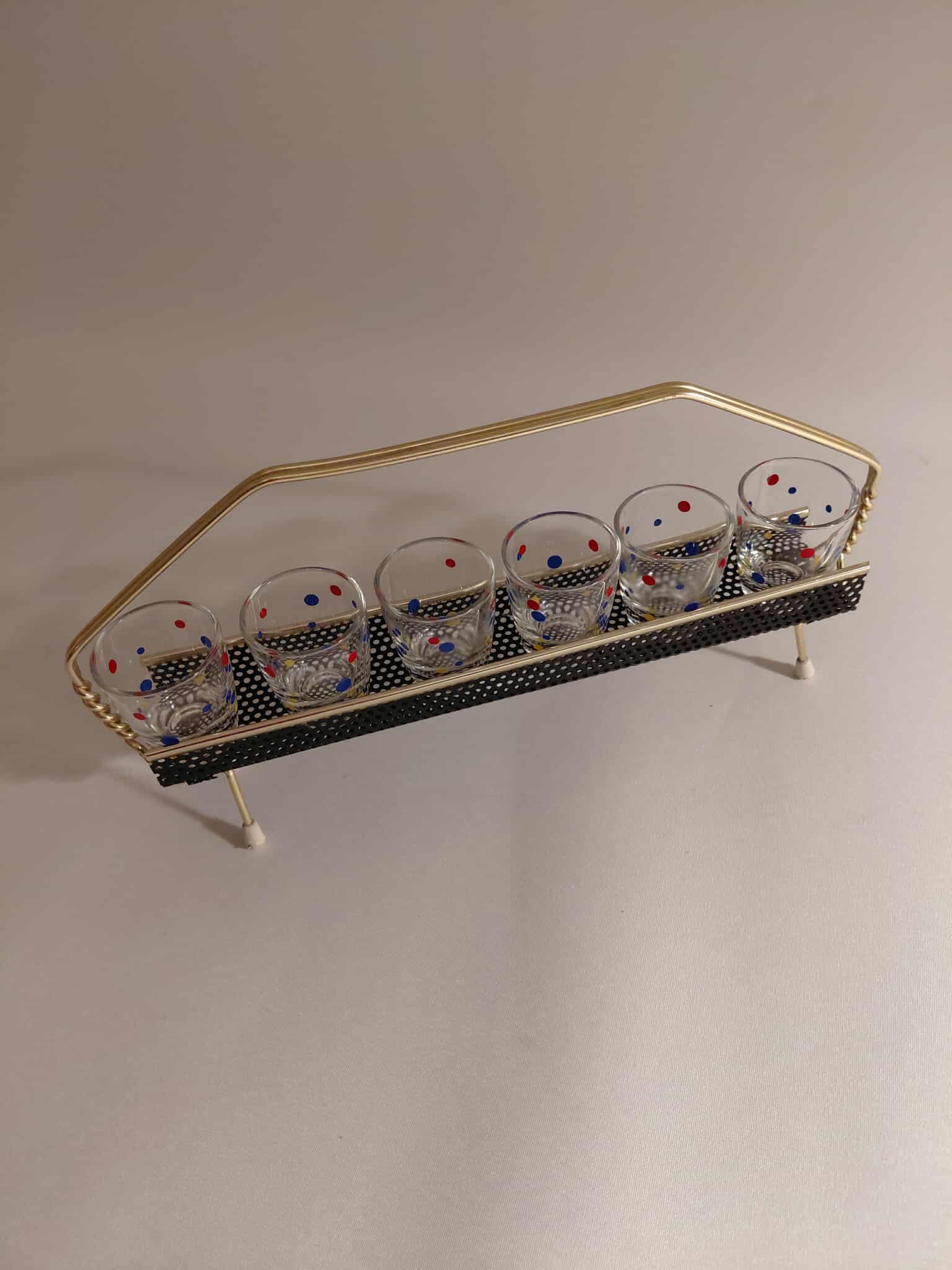 Set of shot glasses with stand, multicolor, 1960s. - 176784