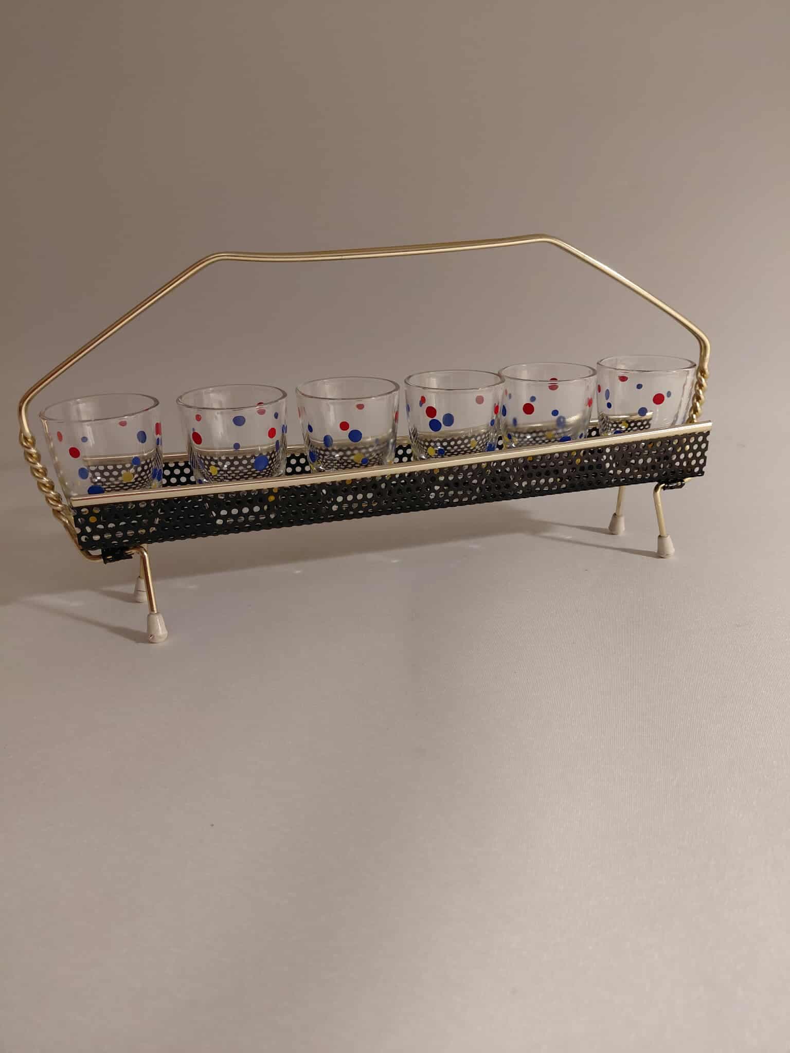 Set of shot glasses with stand, multicolor, 1960s. - 176783