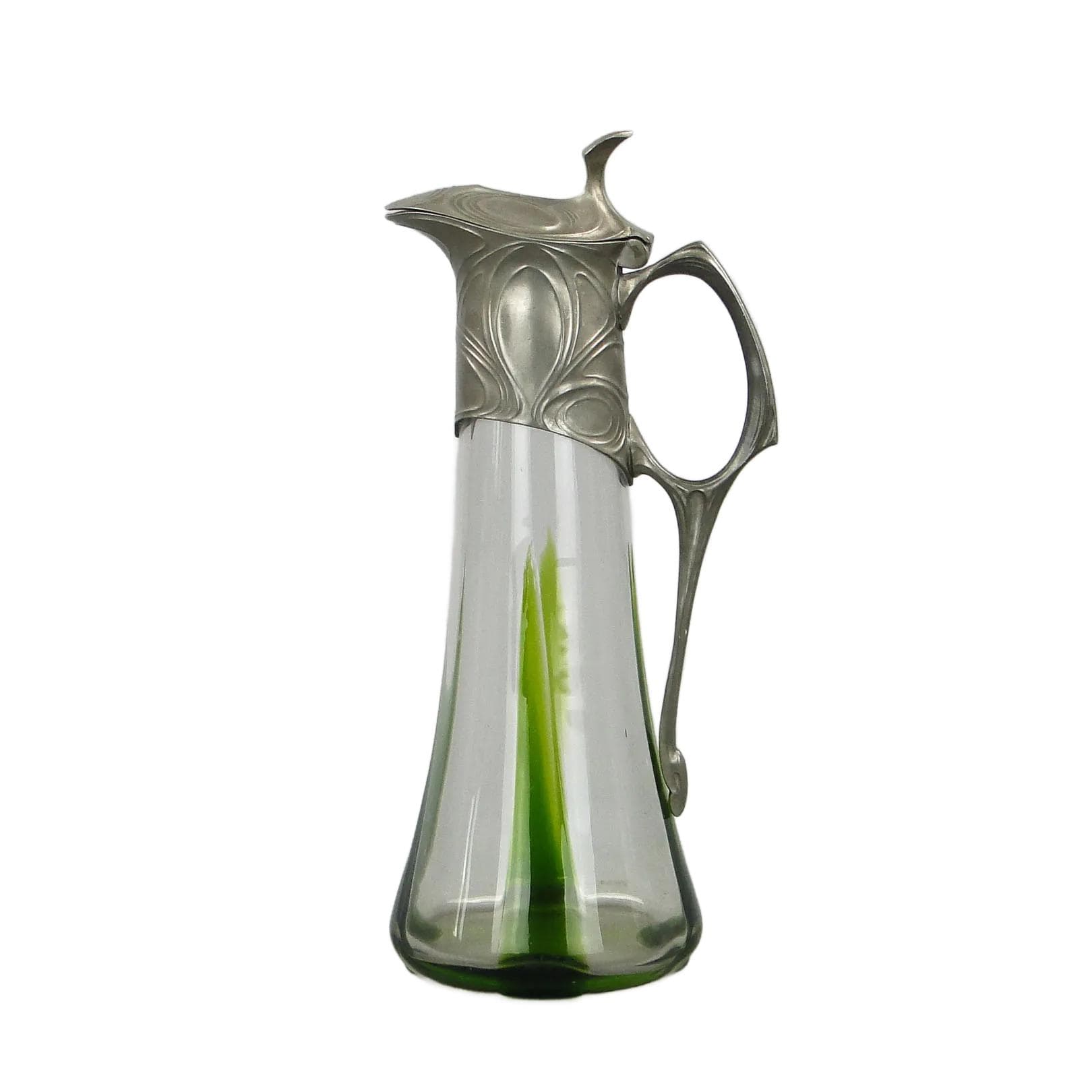 Wine Jug Art Nouveau, transparent glass pewter, by H. Leven, Germany, early 20th c.