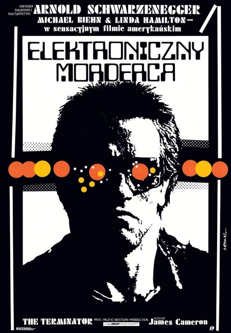 Plakat filmowy Elektroniczny Morderca Terminator 96,4x66,9 cm, aut. J. Erol, Polska Szkoła Plakatu