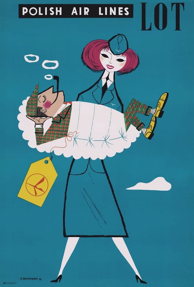 Plakat reklamowy Polskie Linie Lotnicze LOT 98x66,3 cm, aut. J. Srokowski, Polska Szkoła Plakatu - WYMIARY