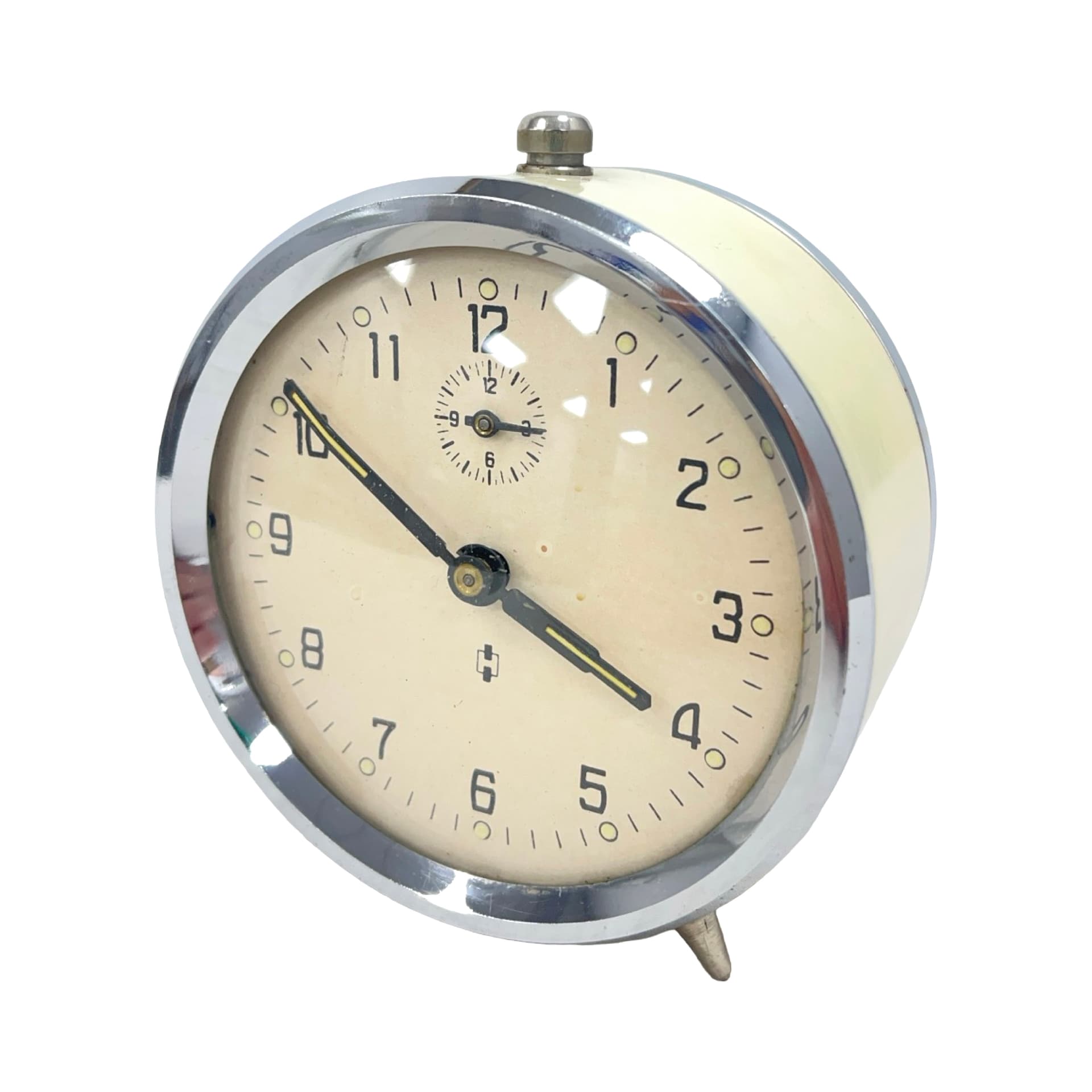 Budzik mechaniczny, kremowy, metal, Niemcy, lata 60. - 178022
