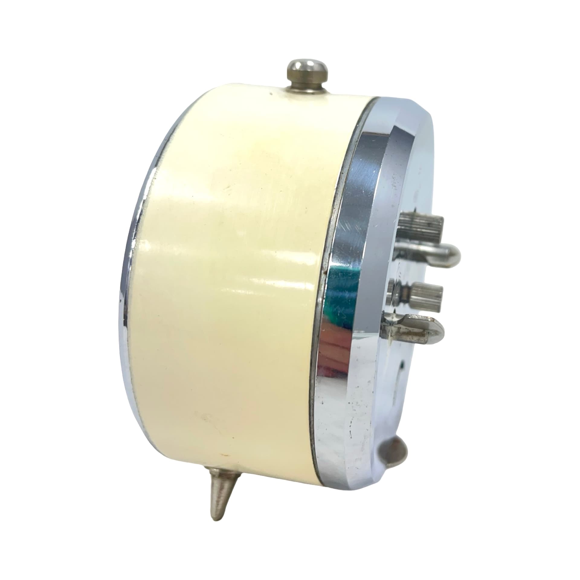 Budzik mechaniczny, kremowy, metal, Niemcy, lata 60. - 178024