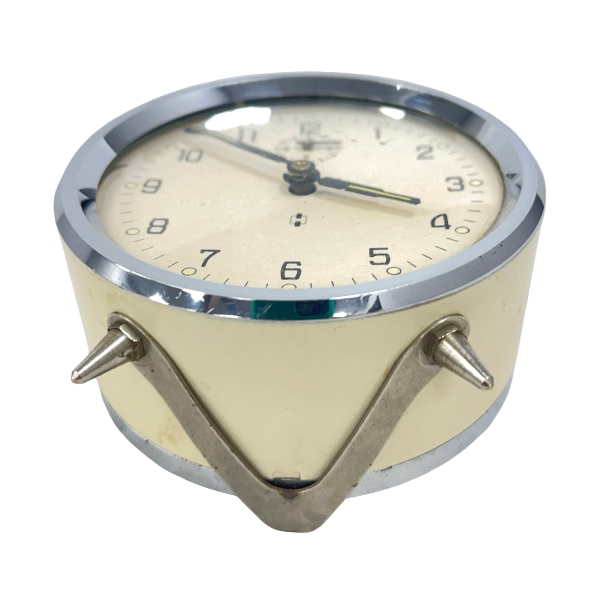 Budzik mechaniczny, kremowy, metal, Niemcy, lata 60. - 178027