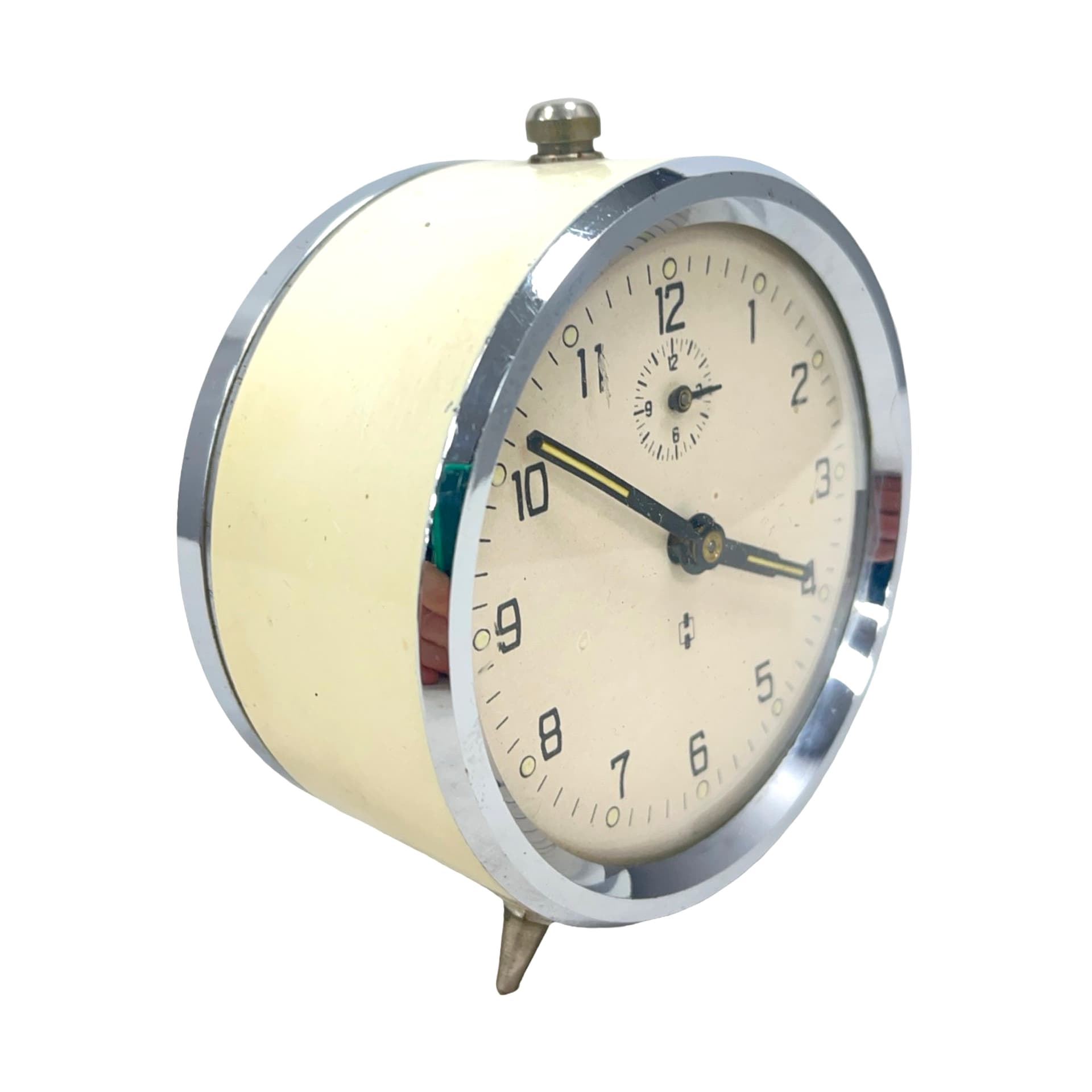 Budzik mechaniczny, kremowy, metal, Niemcy, lata 60. - 178025
