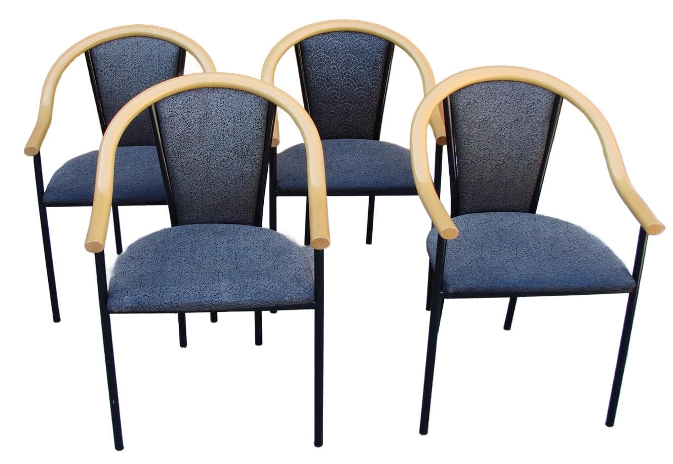 Komplet czterech krzeseł, ciemnoszary, tkanina, buk, metal czarny, lata 70.