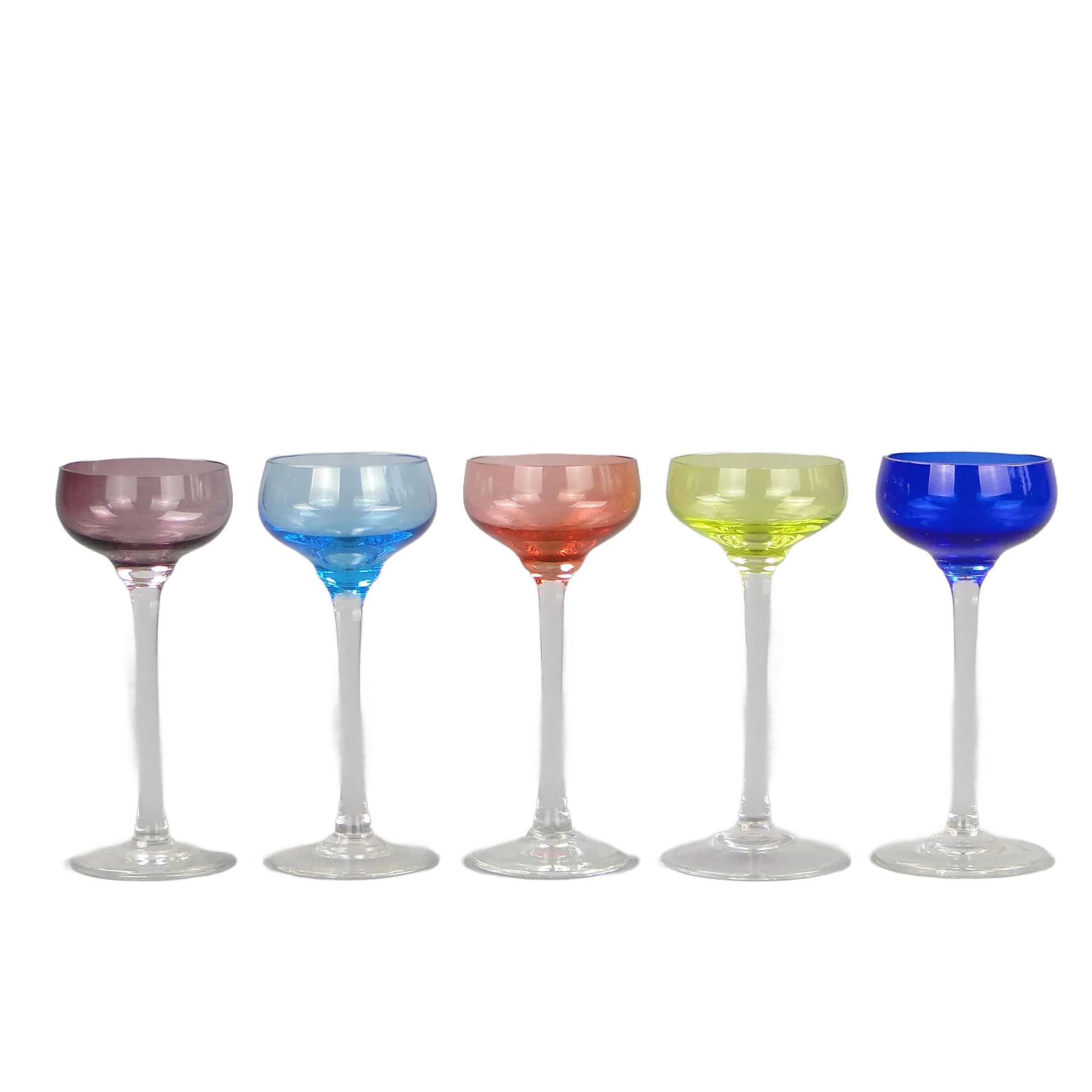 Komplet kieliszków do likieru, art déco, szkło wielokolorowe, Czechy, lata 20.