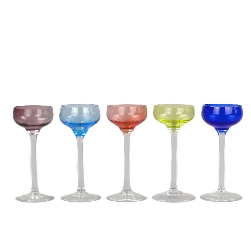 Komplet kieliszków do likieru, art déco, szkło wielokolorowe, Czechy, lata 20.