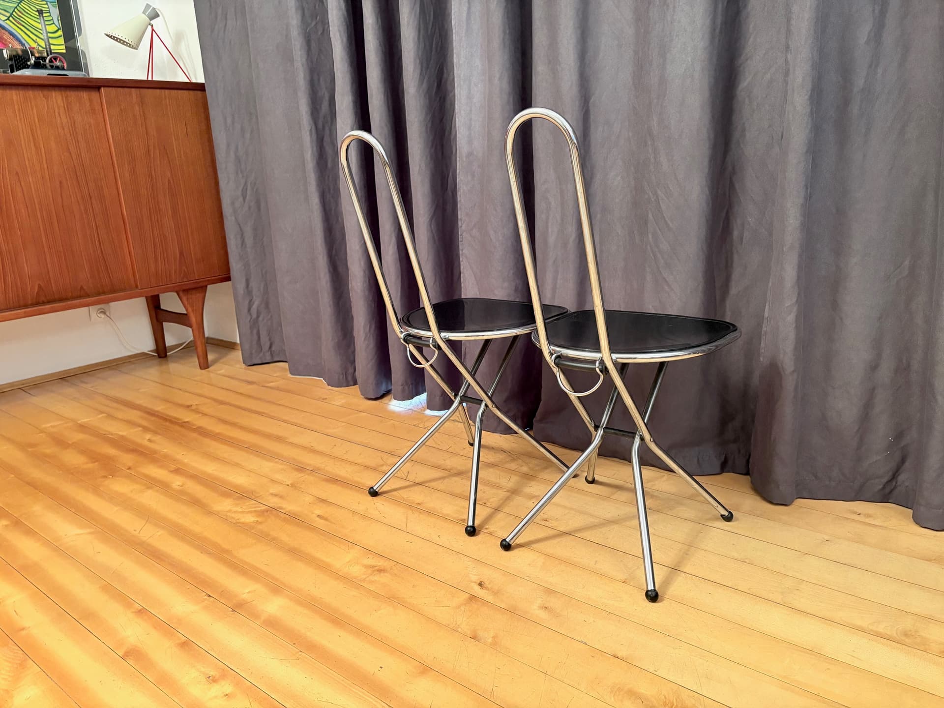 Para krzeseł składanych, czarny, metal chrom, proj. N. Gammelgaard, Ikea, Szwecja, lata 80. - 179045