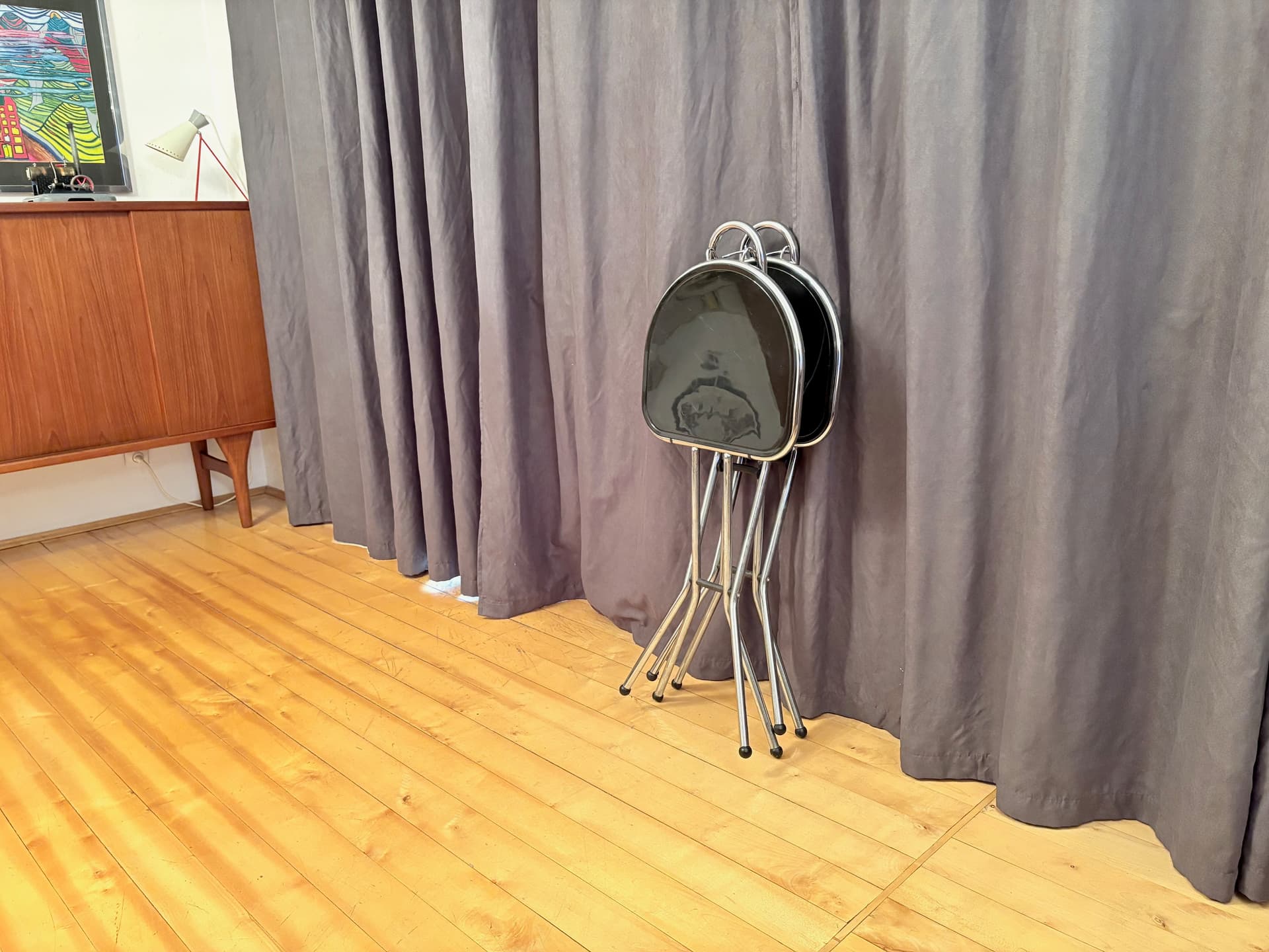 Para krzeseł składanych, czarny, metal chrom, proj. N. Gammelgaard, Ikea, Szwecja, lata 80. - 179053