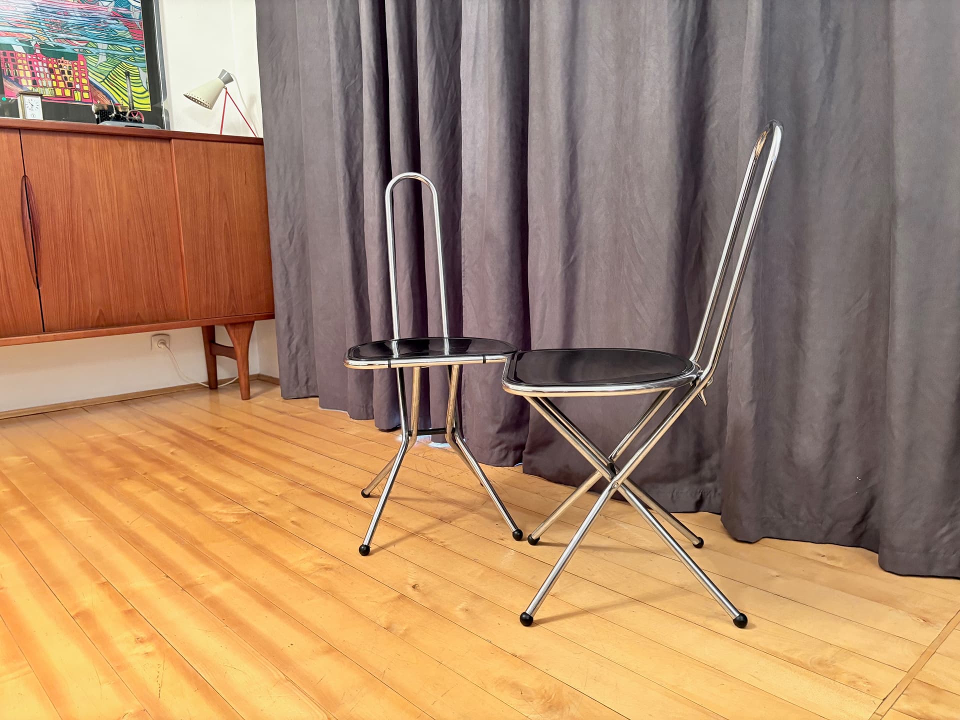 Para krzeseł składanych, czarny, metal chrom, proj. N. Gammelgaard, Ikea, Szwecja, lata 80. - 179049