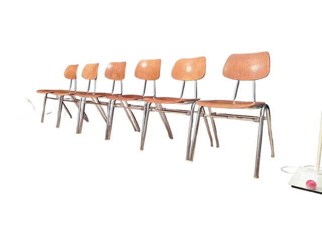 Komplet sześciu krzeseł KN-38, sklejka jasny brąz, stal chromowana, proj. K. Nothhelfer, Niemcy, lata 60. - WYMIARY
