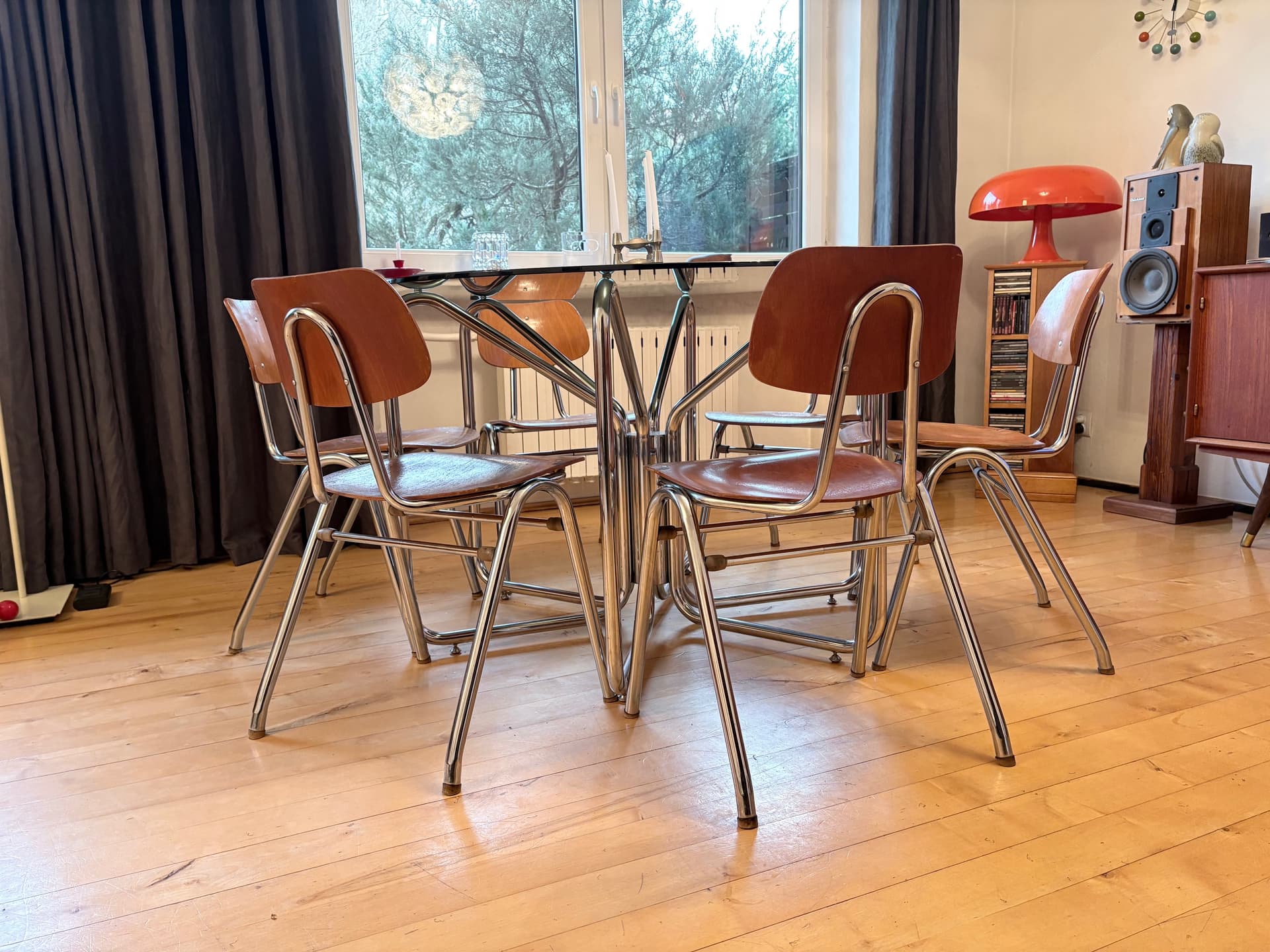 Komplet sześciu krzeseł KN-38, sklejka jasny brąz, stal chromowana, proj. K. Nothhelfer, Niemcy, lata 60. - 179138