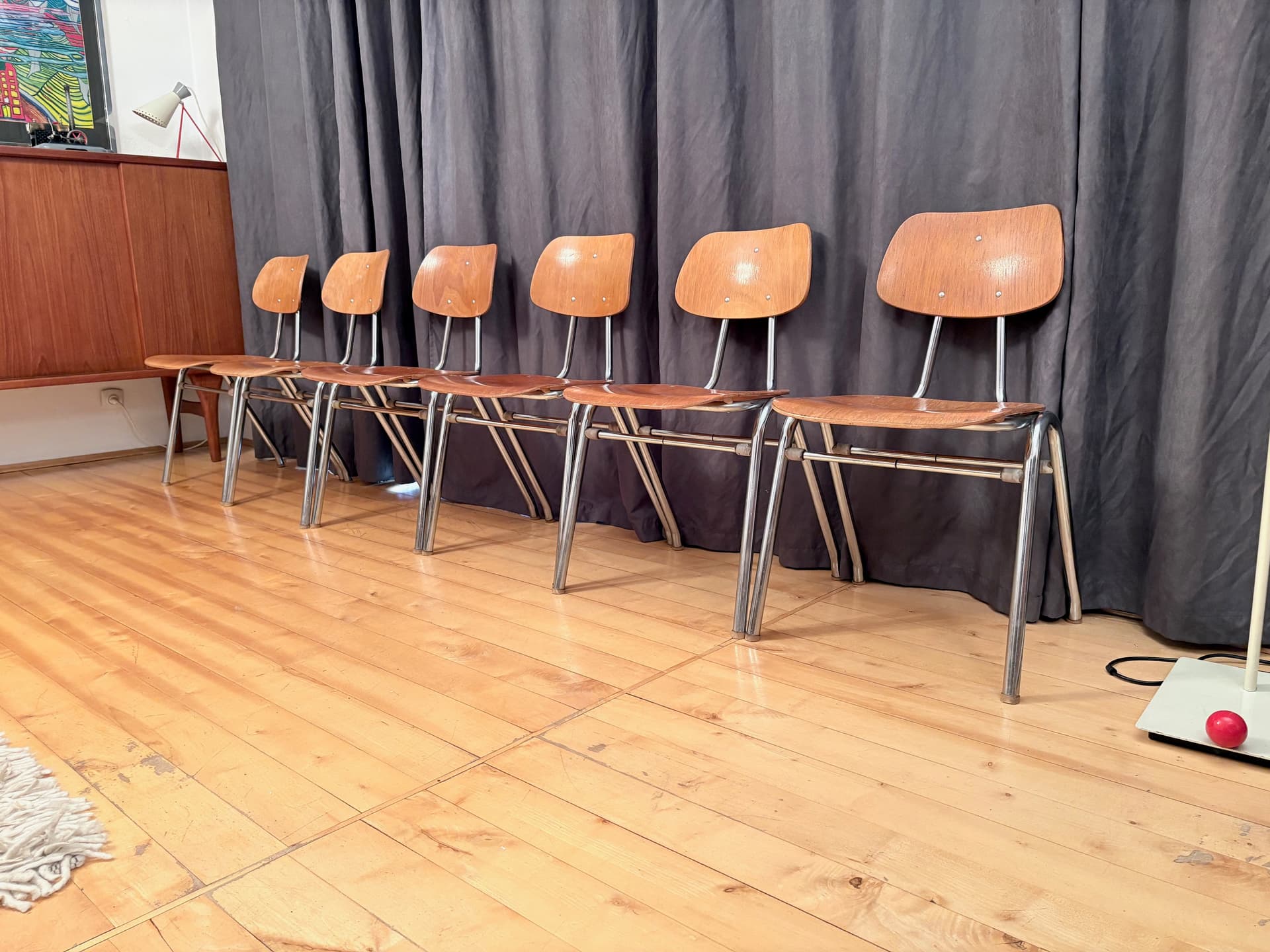 Komplet sześciu krzeseł KN-38, sklejka jasny brąz, stal chromowana, proj. K. Nothhelfer, Niemcy, lata 60. - 179125