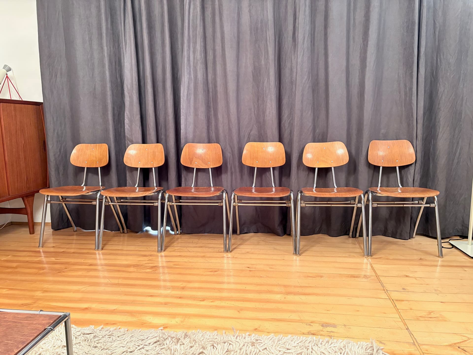 Komplet sześciu krzeseł KN-38, sklejka jasny brąz, stal chromowana, proj. K. Nothhelfer, Niemcy, lata 60. - 179126