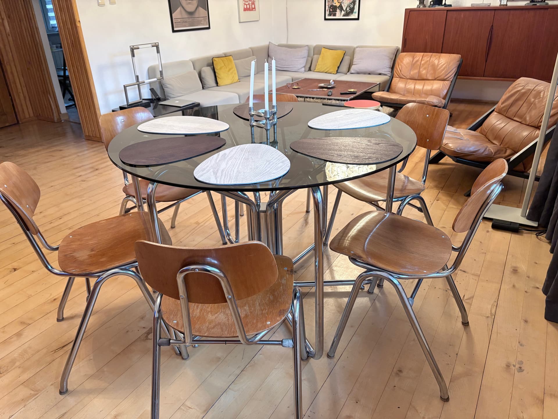 Komplet sześciu krzeseł KN-38, sklejka jasny brąz, stal chromowana, proj. K. Nothhelfer, Niemcy, lata 60. - 179136