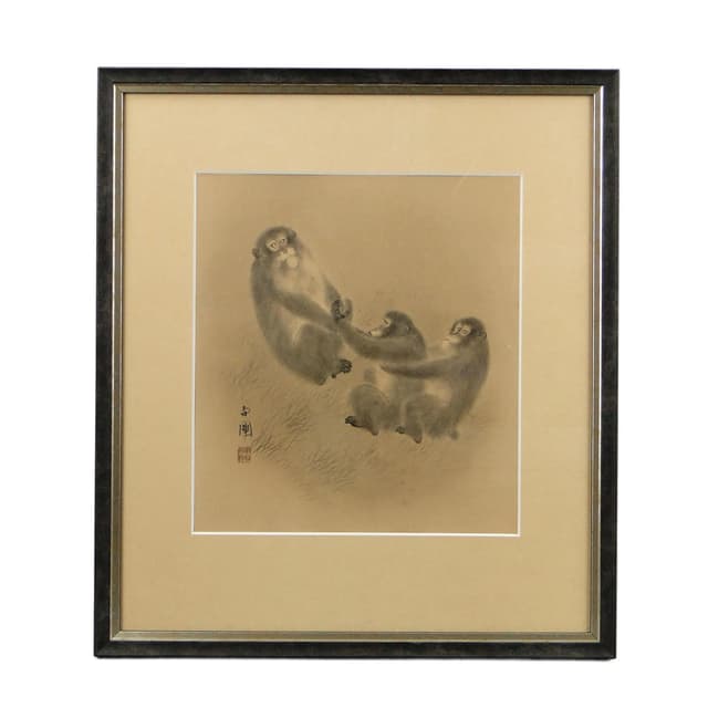 Watercolor, monkeys scene, beige, paper, Japan, early 20th c. - DIMENSION
