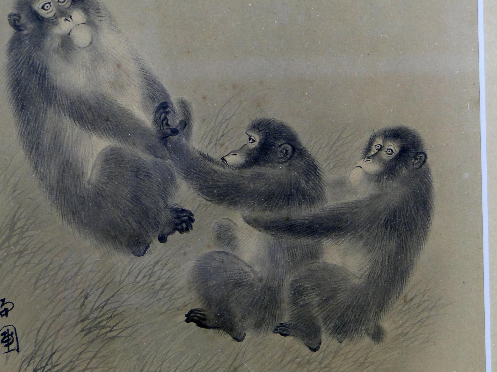 Watercolor, monkeys scene, beige, paper, Japan, early 20th c. - 12509