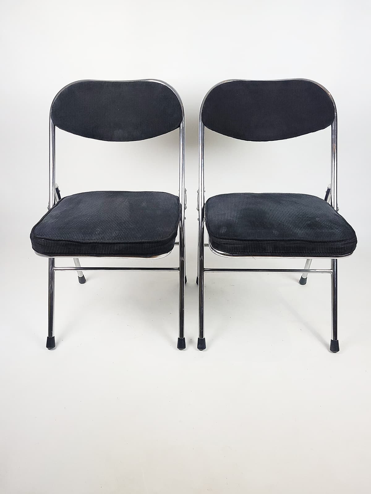 Pair of folding chairs, black corduroy, chromed steel, 1970s - 179432