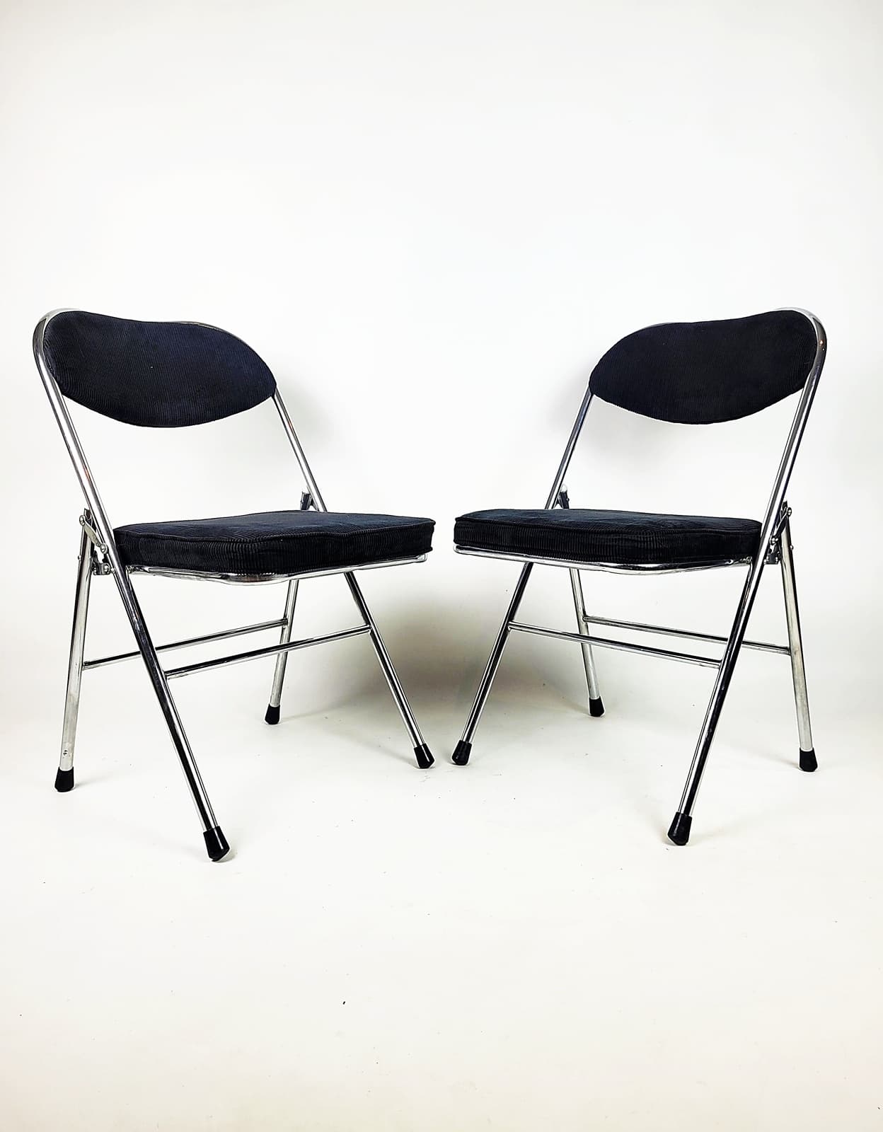 Pair of folding chairs, black corduroy, chromed steel, 1970s - 179428
