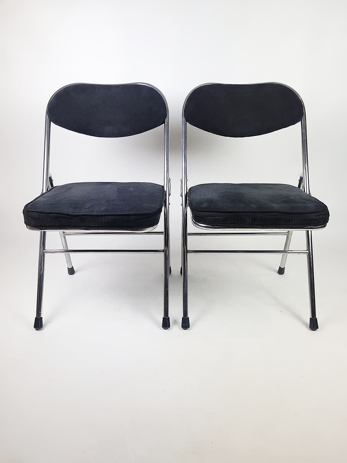 Pair of folding chairs, black corduroy, chromed steel, 1970s - 179433