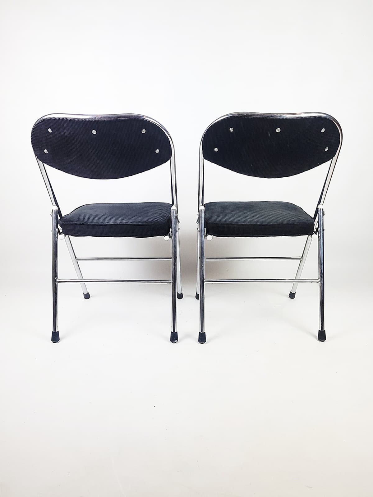 Pair of folding chairs, black corduroy, chromed steel, 1970s - 179429