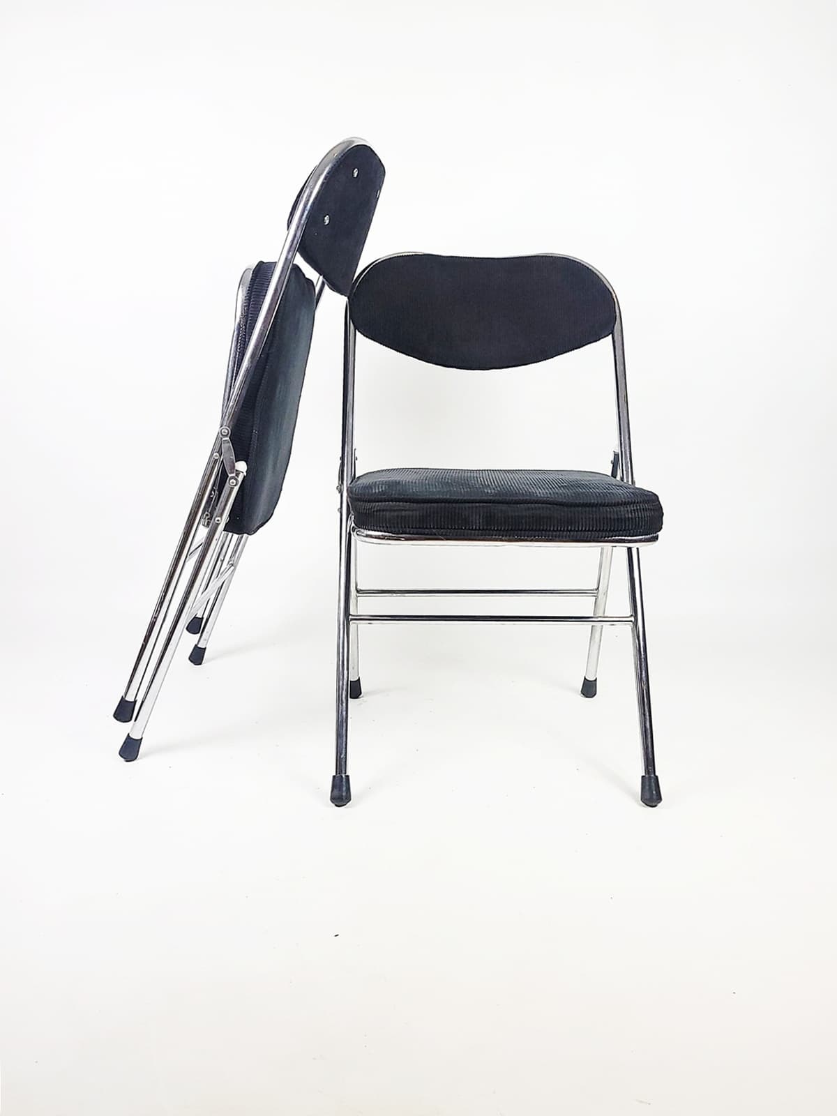 Pair of folding chairs, black corduroy, chromed steel, 1970s - 179430