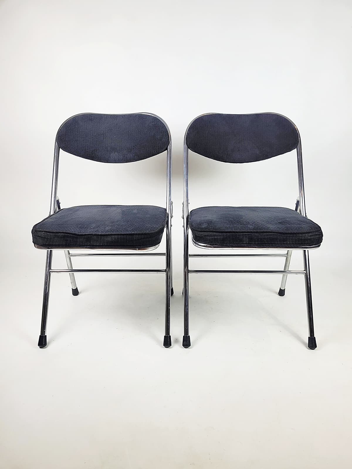 Pair of folding chairs, black corduroy, chromed steel, 1970s - 179431