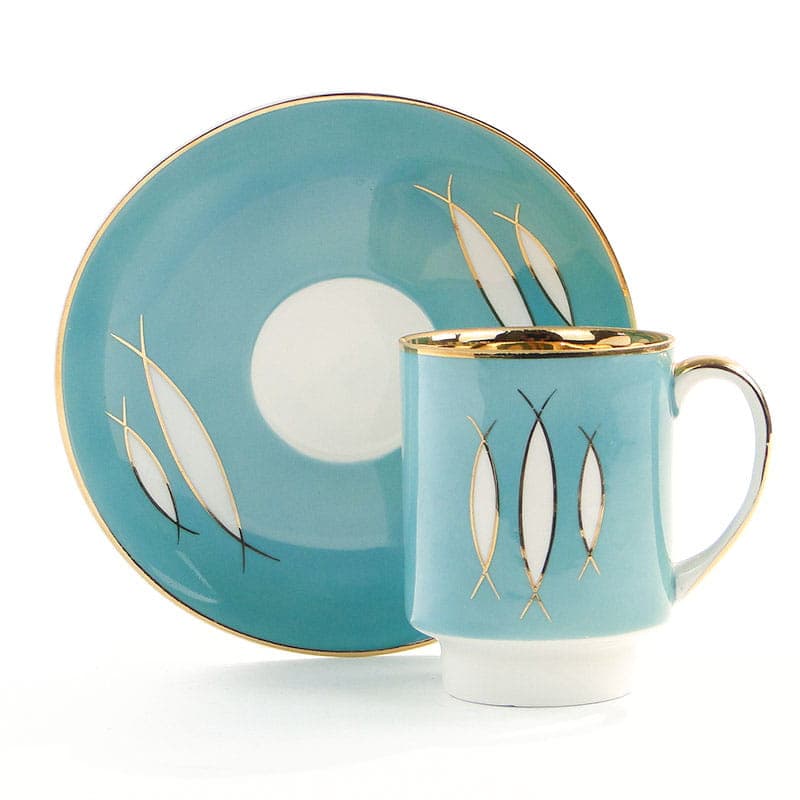 Filiżanka ze spodkiem London, niebieski, porcelana, proj. W. Potacki, Ćmielów, Polska, lata 60.