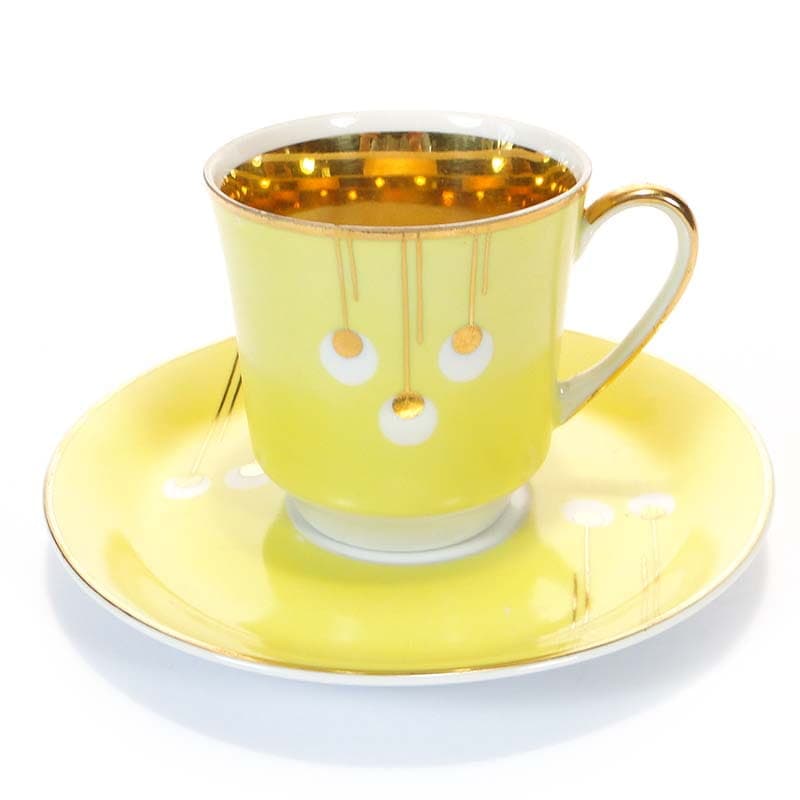 Filiżanka i spodek June, pawie oka, porcelana żółta, proj. W. Potacki, Ćmielów, Polska, lata 60. - 179723